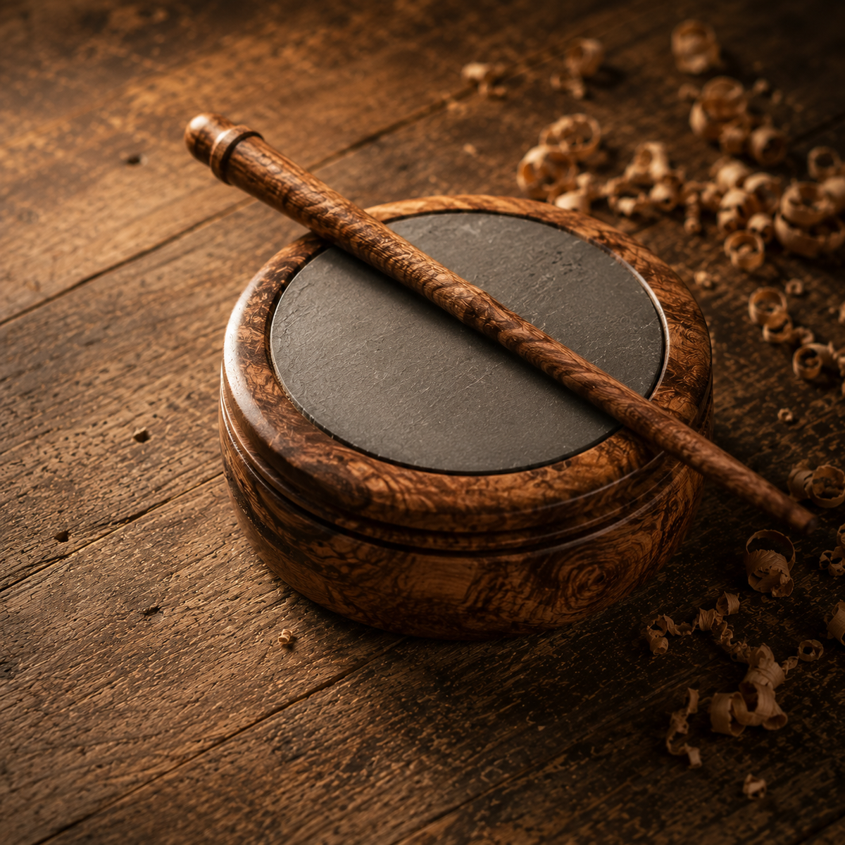 Handmade wooden turkey pot call with slate surface and striker