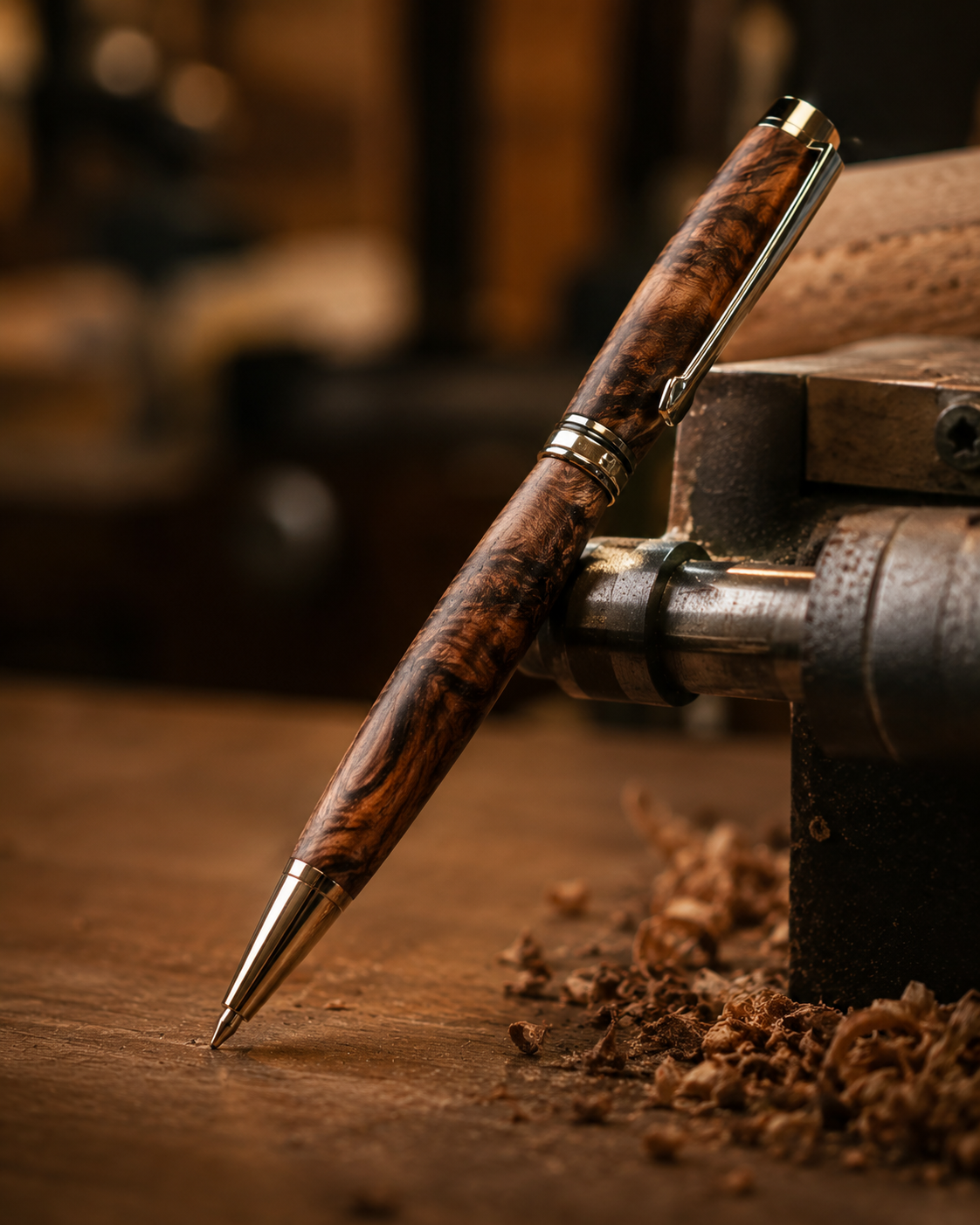 Handmade wooden pen with exotic hardwood barrel on lathe