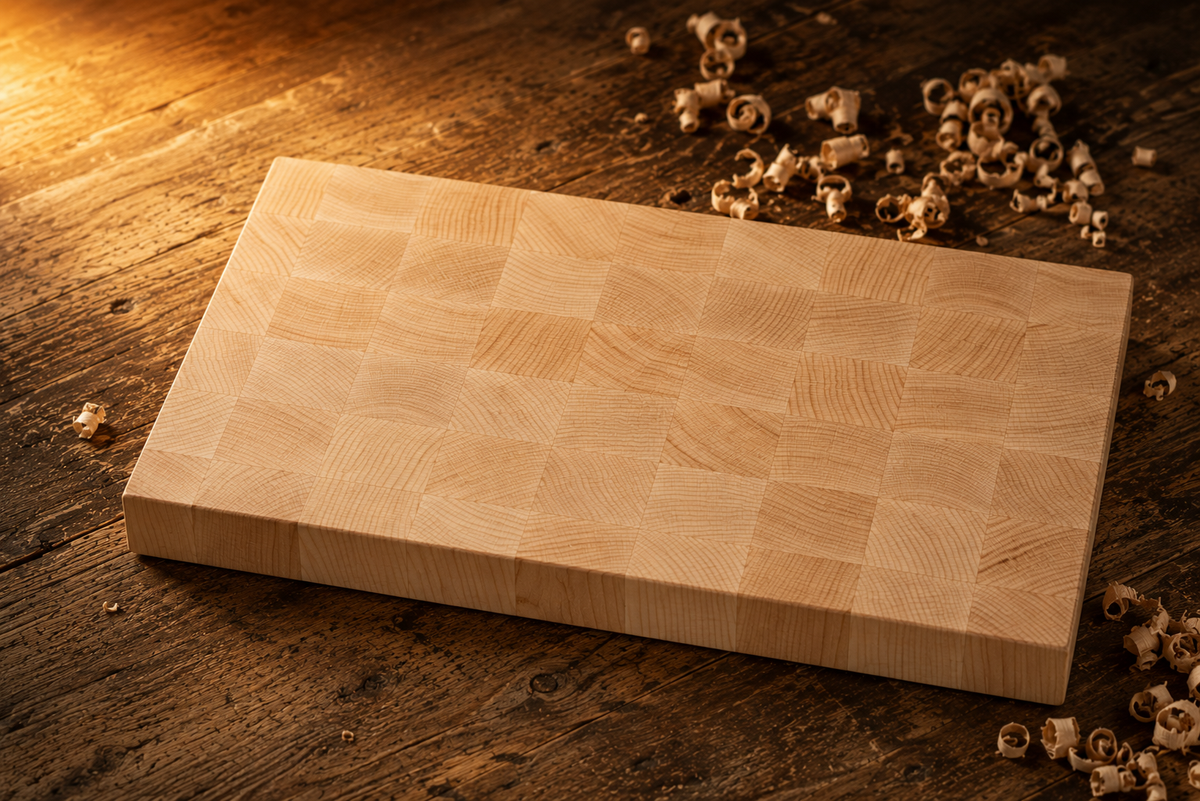 Handmade end-grain hardwood cutting board with checkerboard pattern