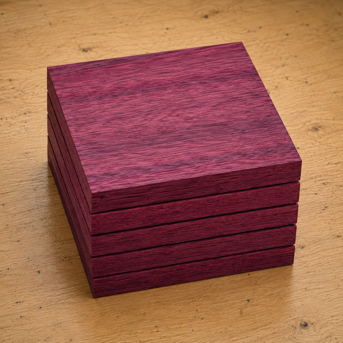 Purpleheart turning blank showing wood grain detail, 5 x 5 x 15/16 inch