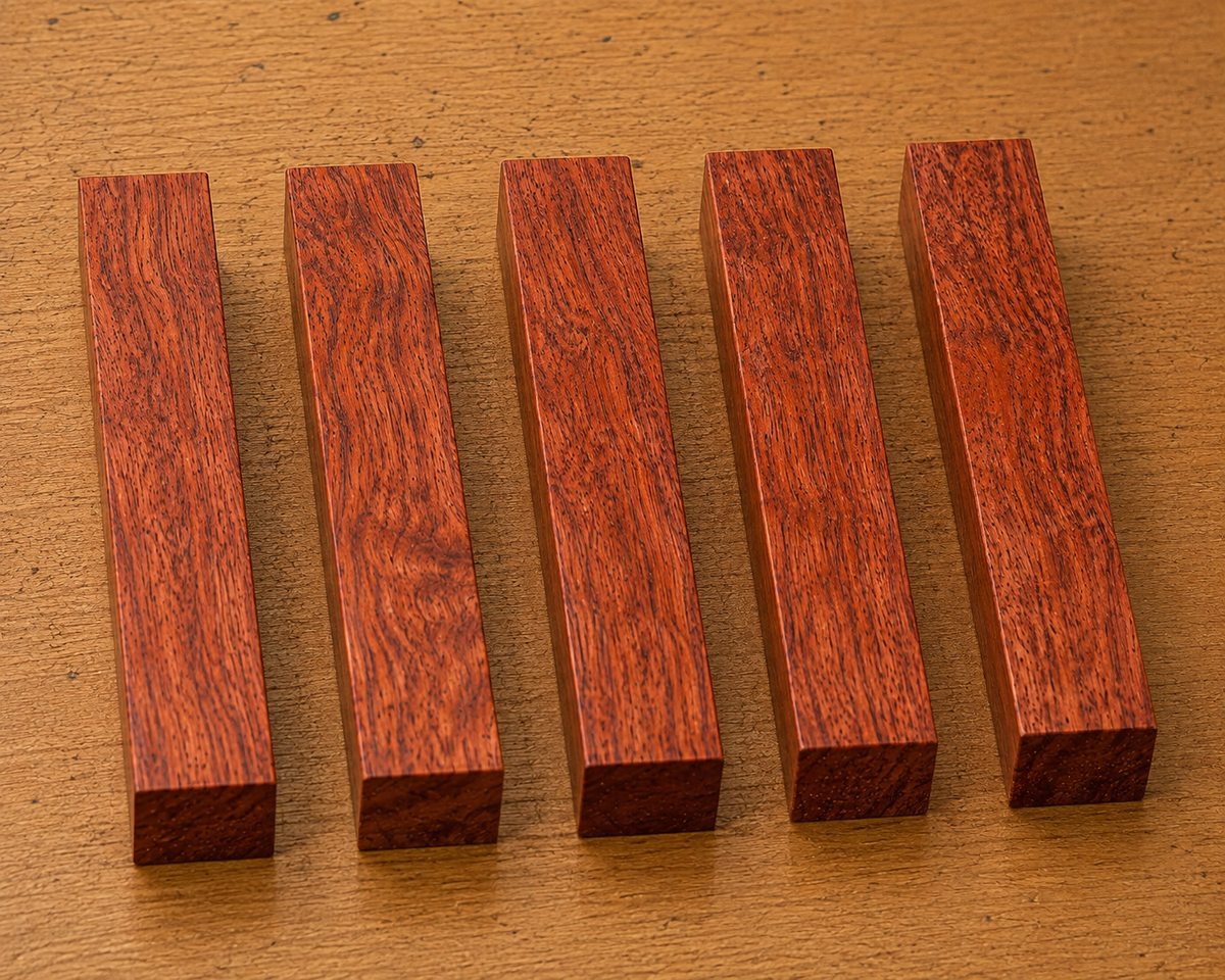 Bubinga pen blank showing wood grain detail, 3/4 x 3/4 x 5 inch
