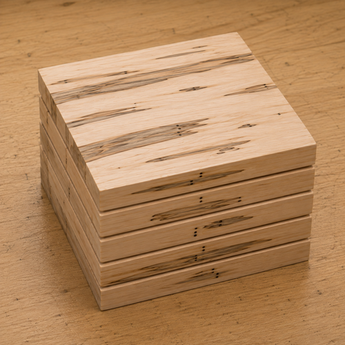 Ambrosia Maple turning blank showing wood grain detail, 5 x 5 x 15/16 inch