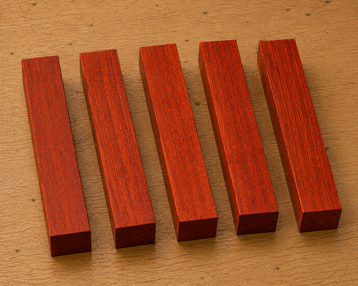 Padauk pen blank showing wood grain detail, 3/4 x 3/4 x 5 inch