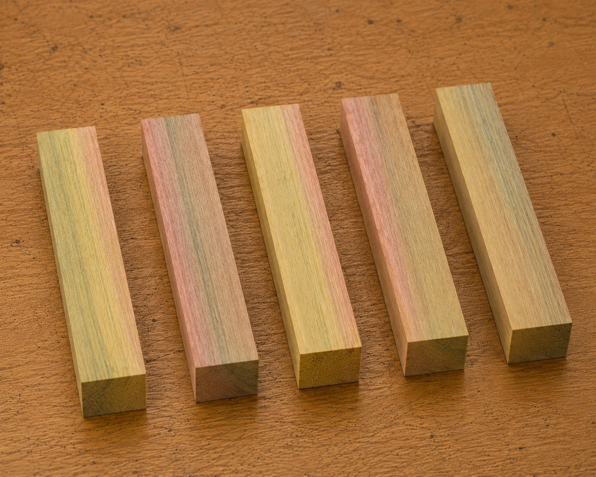 Rainbow Poplar pen blank showing wood grain detail, 3/4 x 3/4 x 5 inch