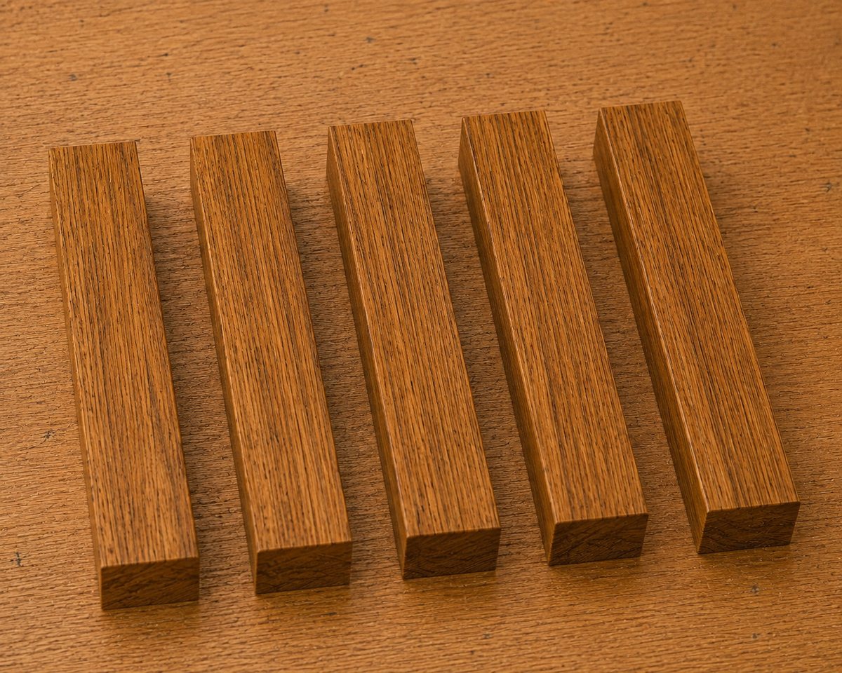 Teak pen blank showing wood grain detail, 3/4 x 3/4 x 5 inch