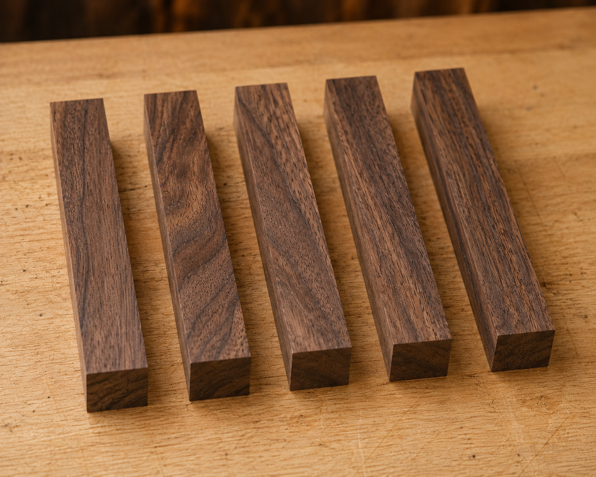 Walnut pen blank showing wood grain detail, 3/4 x 3/4 x 5 inch